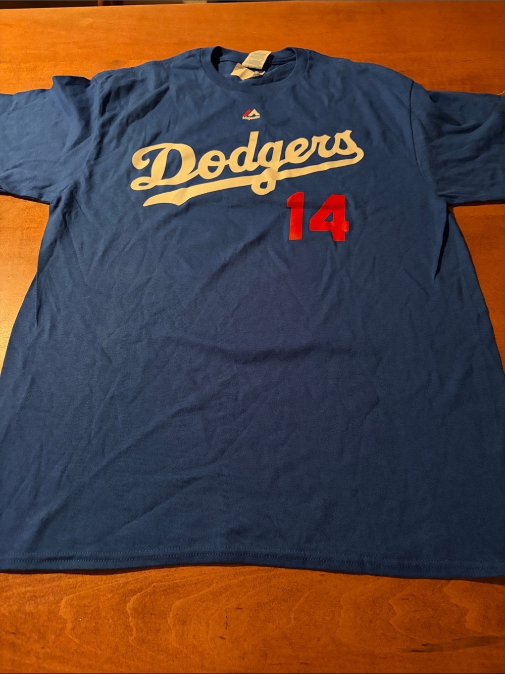 Delta Navy Dodgers Short Sleeve Tee with Yellow Script & Red 14
